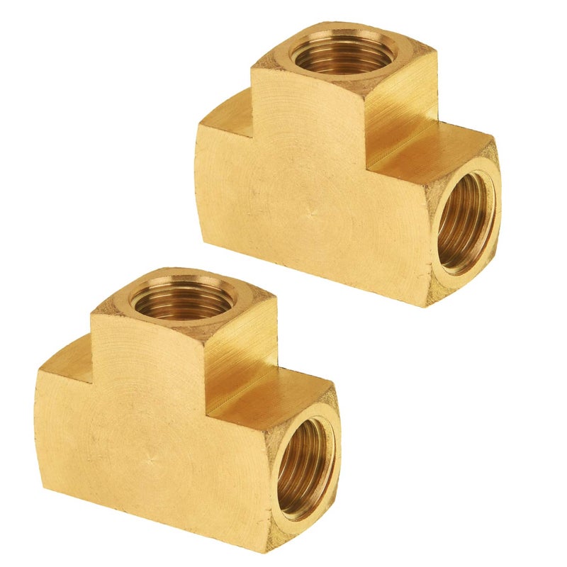 SUNGATOR 1/4'' Barstock Tee Fittings, 1/4" Inch NPT Female Brass Pipe Fittings, 1/4'' NPT Female Brass Barstock Tee Fittings for Air Compressor, Gas Line (2-Pack) - Image 1